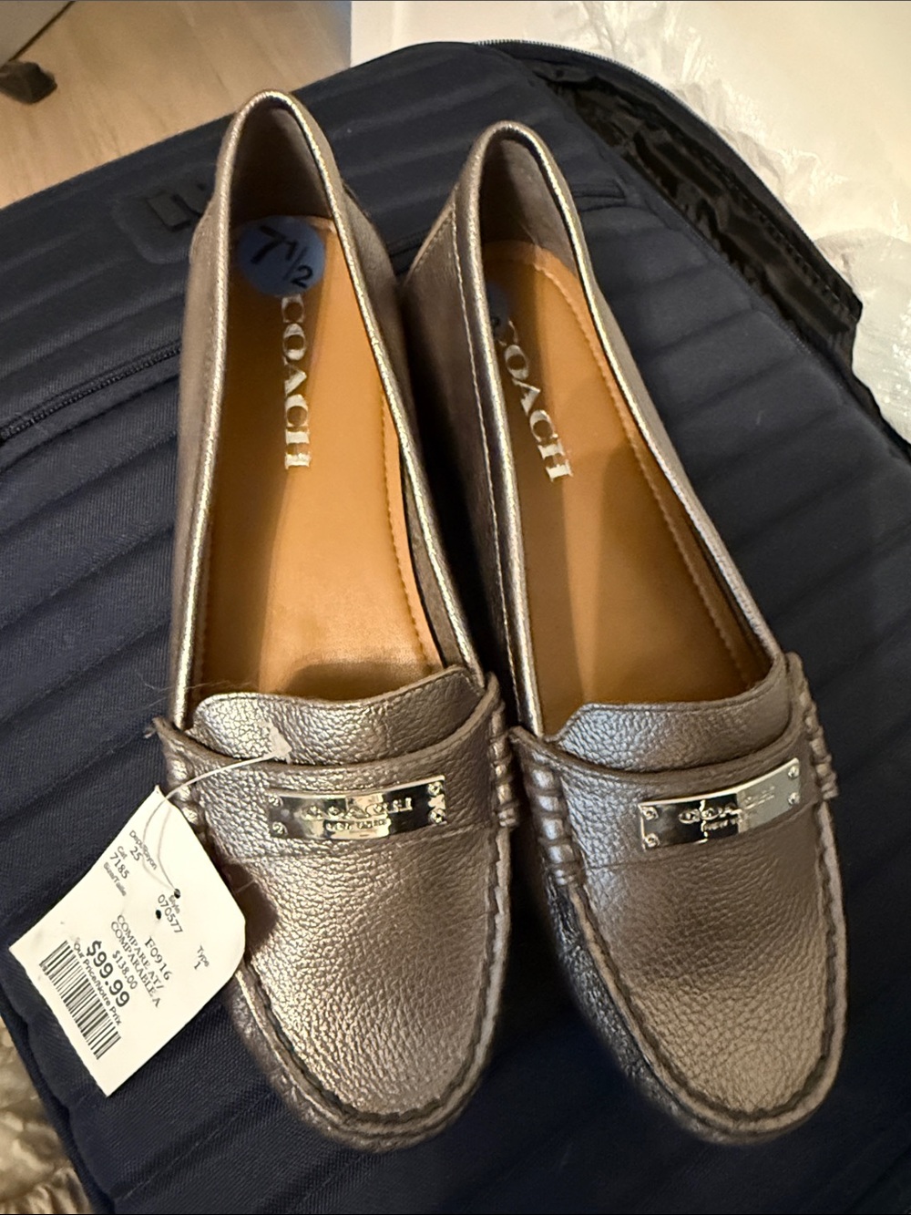 Coach Metallic Pewter Leather Penny Loafers with Silver Plaque